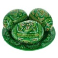 Pysanky 　py0002 ウクライナのPysankyセット　緑　手描きの木製イースターエッグ たまご３個皿つき