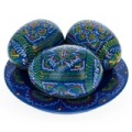 Pysanky 　py0004 ウクライナのPysankyセット　ブルー　手描きの木製イースターエッグ たまご３個皿つき