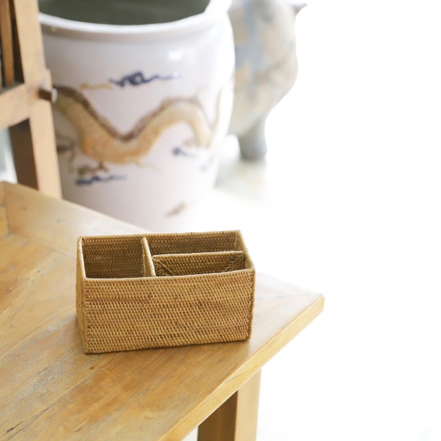 B4長方形ケース●取っ手付●無地●アタ●バリ島●1466.3●アジアン雑貨 アタ エレガント真鍮取っ手 収納ボックス 26cm クラシカル バリ島