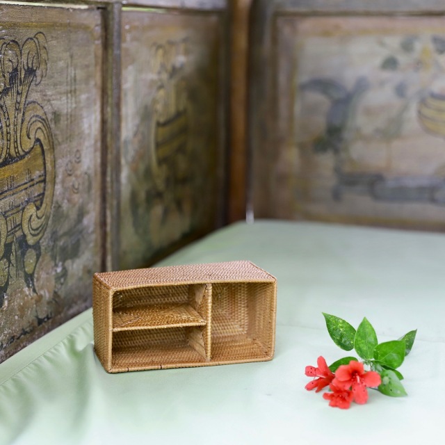 B4長方形ケース●取っ手付●無地●アタ●バリ島●1466.3●アジアン雑貨 アタ エレガント真鍮取っ手 収納ボックス 26cm クラシカル バリ島
