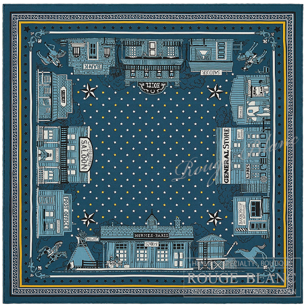エルメス　カレ55　スカーフ   ”エルメス・パリ・ステーション”　ブルーアルドワーズ×ジョーヌ×ブラック【新品】HERMES Carre55 "HERMES Paris Station" Bleu ardoie×Jaune×Black【NEW】