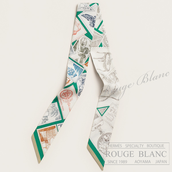 エルメス　ツイリースカーフ　"フォーブルの切手愛好家"   ヴェール×ノワゼット×ブルー　【新品】HERMES Twilly Scarf  "Le Philateliste du Faubourg "  Vert×Noisette×Bleu【NEW】
