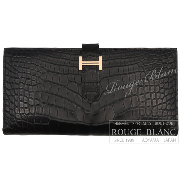エルメス　ベアンスフレ　黒　ブラック　クロコダイル　アリゲーター　マット　ローズゴールド金具　【新品】 HERMES Bearn with Gusset Black Crocodile Alligator Mat Rose gold Buckle 【NEW】