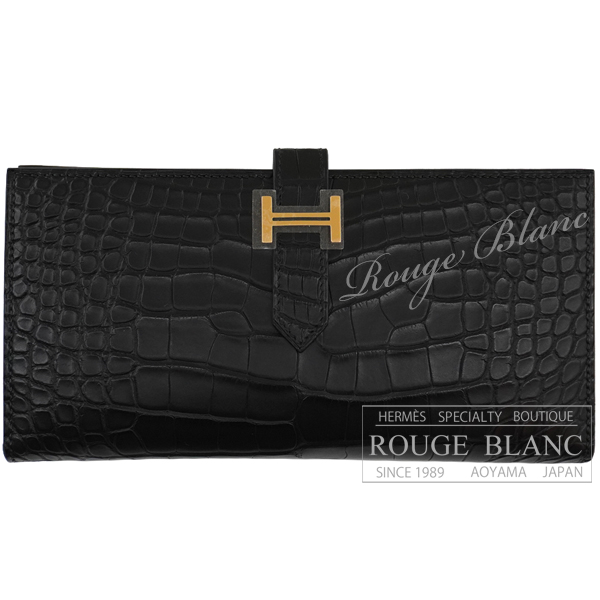 エルメス　ベアンスフレ　黒　ブラック　クロコダイル　アリゲーターマット　ゴールド金具　【新品】 HERMES Bearn with Gusset Black Crocodile Alligator Mat Gold Buckle【NEW】