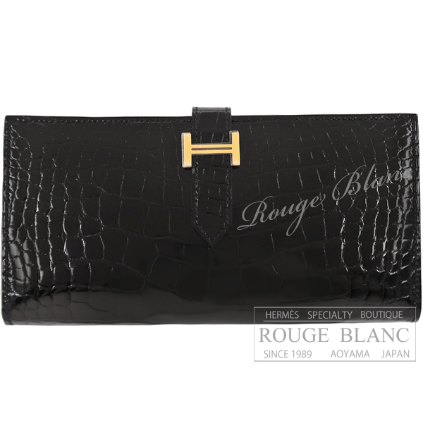 エルメス　ベアンスフレ 黒　ブラック　クロコダイル　アリゲーター リセ　ゴールド金具【新品】 HERMES  Bearn with gusset Black  Crocodile Alligator Lisse Gold Buckle【NEW】