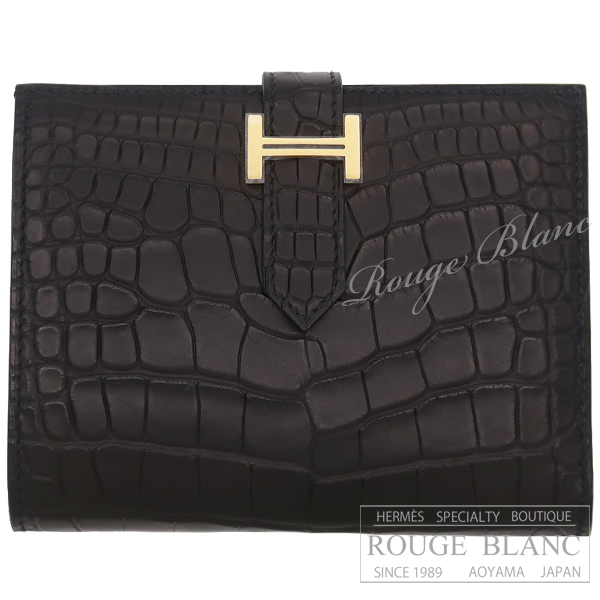 エルメス　ベアンコンパクト　黒　ブラック　クロコダイル　アリゲーターマット　ゴールド金具【新品】 HERMES Wallet Bearn Compact Black Crocodile Alligator Mat Gold Buckle【NEW】