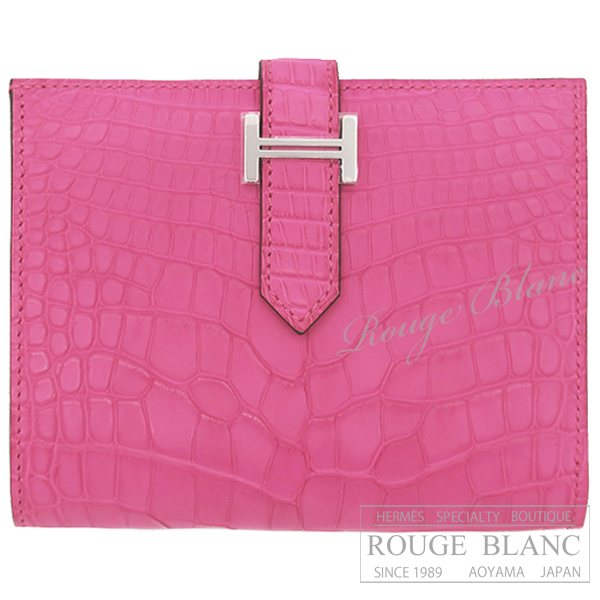 エルメス　ベアンコンパクト　ローズショッキング　クロコダイル　アリゲーターマット　シルバー金具 【新品】 HERMES Wallet Bearn Compact Rose Shocking Crocodile Alligator Mat Silver Buckle【NEW】