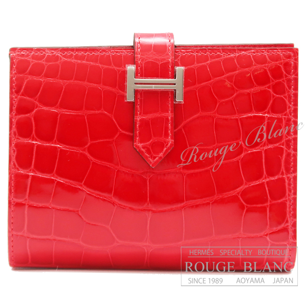 エルメス　ベアンコンパクト　ルージュドゥクール　クロコダイル　アリゲーターリセ　シルバー金具 【新品】 HERMES Wallet Bearn Compact Rouge du couer Crocodile Alligator lisse Silver Buckle【NEW】