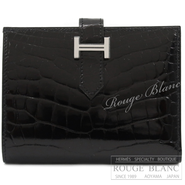 エルメス　ベアンコンパクト　黒　ブラック　クロコダイル　アリゲーターリセ　シルバー金具 【新品】 HERMES Wallet Bearn Compact Black Crocodile Alligator lisse Silver Buckle【NEW】