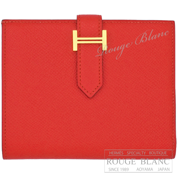 エルメス　ベアンコンパクト　ルージュトマト　エプソン　ゴールド金具　【新品同様】 HERMES Wallet Bearn Compact Rouge tomato Epsom Silver Buckle 【USED】
