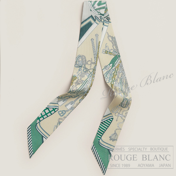 エルメス　ツイリースカーフ　"鞍職人の花束"　ヴェール×ベージュ×グリペルル　【新品】HERMES Twilly Scarf  "Bouquets Sellier" Vert×Beige×Gris perle 【NEW】