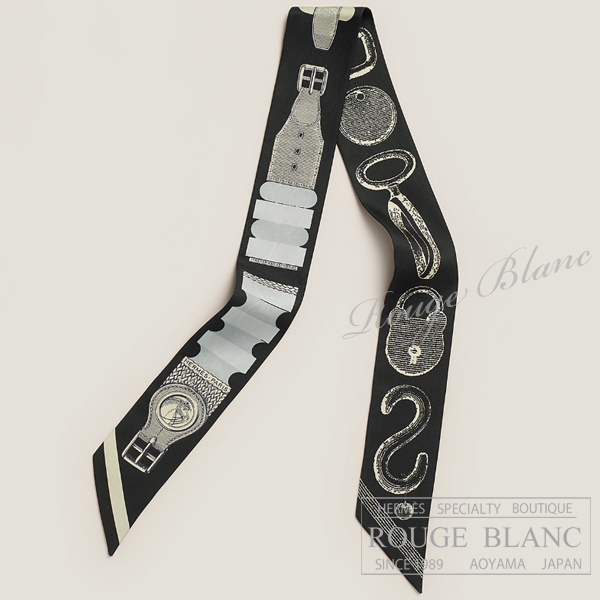 エルメス　ツイリースカーフ　"ブリッド・ア・ブロック/詩的な目録"　ブラック×グレー×クレーム　【新品】HERMES Twilly Scarf  "Inventaire Poetique de Brides a Bloc" Black×Gris×Creme 【NEW】