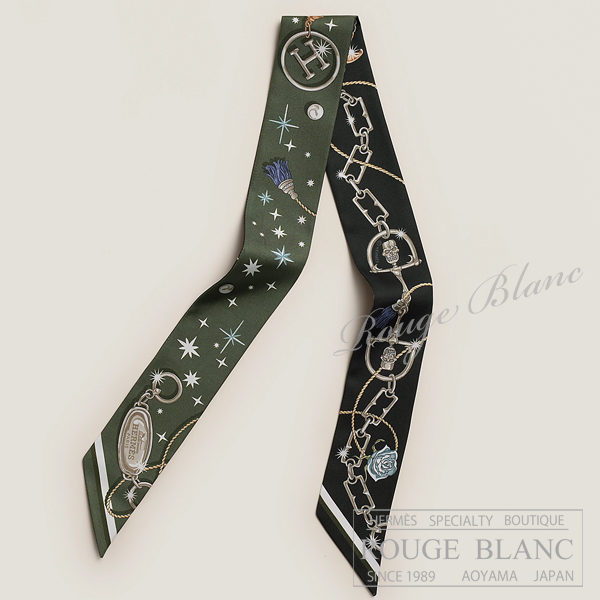 エルメス　ツイリースカーフ　"セ・ラ・フェット"　カーキフォンセ×ブラン×ブラック　【新品】HERMES Twilly Scarf  "C'est la Fete" Kaki fonce×Blanc×Black 【NEW】