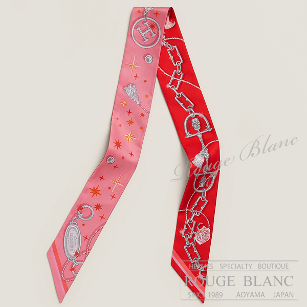エルメス　ツイリースカーフ　"セ・ラ・フェット"　ローズボンボン× オレンジ ×ルージュ　【新品】HERMES Twilly Scarf  "C'est la Fete" Rose bonbon×Orange×Rouge【NEW】