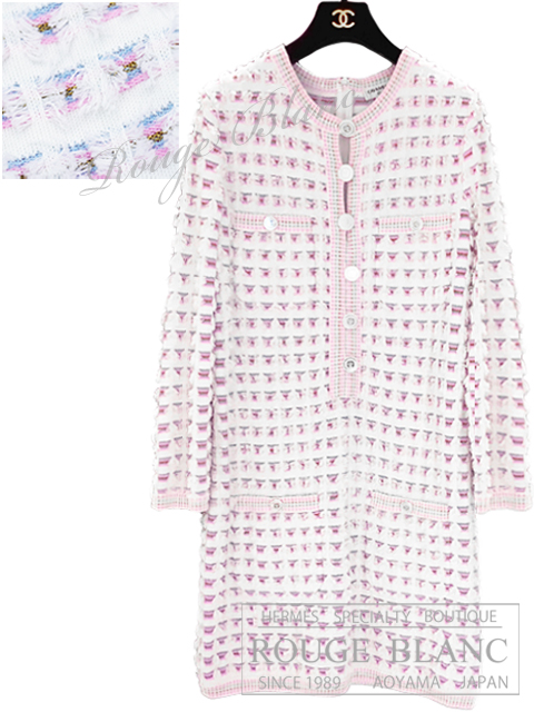 シャネル　ニットツイードワンピース　ホワイト×ピンク×マルチカラー　#38　P60437　【新品同様】 CHANEL Knit Tweed One piece Dress White×Pink×Multi color 【USED】