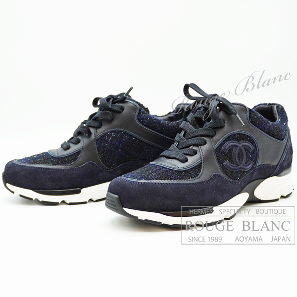 シャネル　スニーカー　シューズ　ネイビーブルー　ツイード　#38　ココマーク　24A　【新品】　CHANEL Sneakers Navy Blue Tweed【NEW】