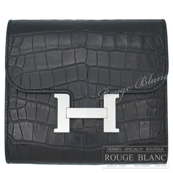 エルメス　コンスタンス　コンパクト　ウォレット　黒　ブラック　クロコダイル　アリゲーターマット　シルバー金具　【中古】 HERMES Constance compact wallet Black Crocodile Alligator Mat  Silver Buckle【USED】