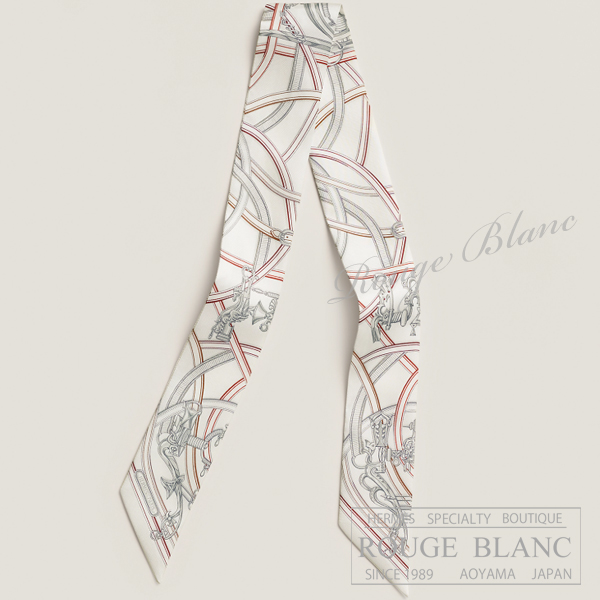 エルメス　ツイリースカーフ　"伝説のハーネス"　ブラン×グリペルル×ルージュH　【新品】 HERMES Twilly Scarf  "Harnais Legendaire" Blanc×Gris perle×Rouge H 【NEW】