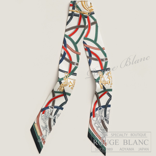 エルメス　ツイリースカーフ　"伝説のハーネス"　ブラン×ヴェールロデン×ルージュ　【新品】 HERMES Twilly Scarf  "Harnais Legendaire" Blanc×Vert Loden×Rouge 【NEW】