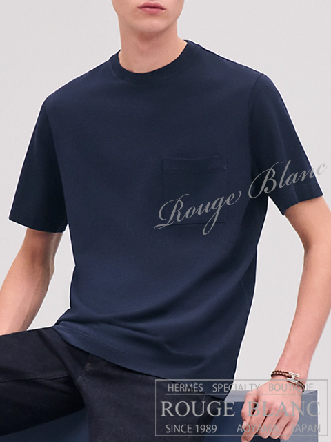 エルメス　メンズ　ポケット付き　Tシャツ　”H刺繍”　マリン　#L　タグ付　【新品】