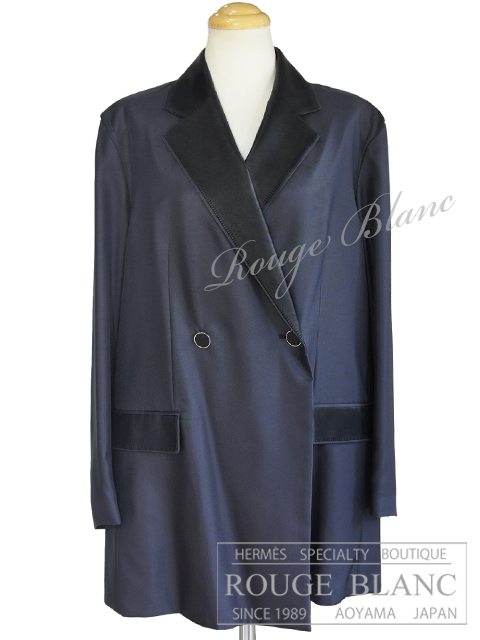 エルメス オーダー ロングジャケット ネイビー シルク レザー #38 タグ 