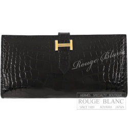 エルメス　ベアンスフレ 黒　ブラック　クロコダイル　アリゲーター リセ　ゴールド金具【新品】 HERMES  Bearn with gusset Black  Crocodile Alligator Lisse Gold Buckle【NEW】