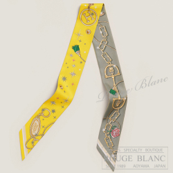 エルメス　ツイリースカーフ　"セ・ラ・フェット"　ジョーヌヴィフ×ヴェール×グレー　【新品】HERMES Twilly Scarf  "C'est la Fete" Jaune vif×Vert×Gris【NEW】