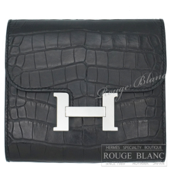 エルメス　コンスタンス　コンパクト　ウォレット　黒　ブラック　クロコダイル　アリゲーターマット　シルバー金具　【中古】 HERMES Constance compact wallet Black Crocodile Alligator Mat  Silver Buckle【USED】