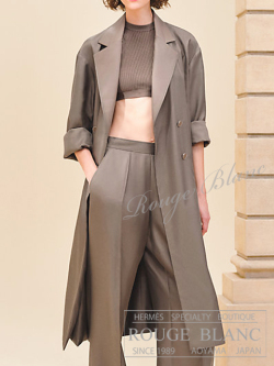 エルメス　2024 S/S　シルク×レザー　ロングコート　ロングジャケット　トレンチ　エトゥープ　ベルト付 #36　タグ付 【新品】 HERMES Silk & Leather Long Coat Etoupe 【NEW】