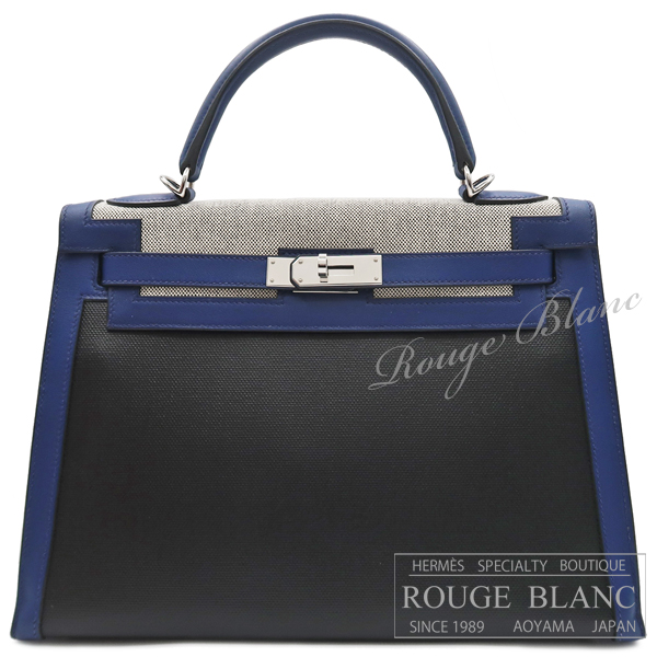 エルメス　ケリー32　ブルー×ブラック×エクリュ　スイフト×トワルベルリンヌ×トワルアッシュ　シルバー金具　外縫い　【中古】