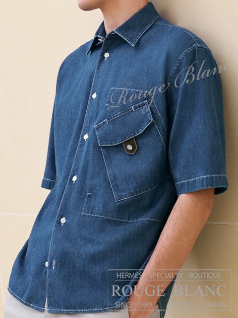 エルメス　2025 S/S　メンズ　デニムシャツ　レザーデティール　インディゴラヴェ　#42　タグ付　【新品】 エルメス 2025 S/S メンズ デニムシャツ レザーデティール インディゴ