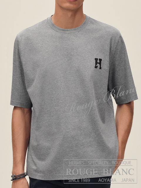 エルメス　2026 S/S　メンズ　Tシャツ　ミニレザーパッチ　”アッシュヴァル”　グレー　#XL　タグ付　【新品】