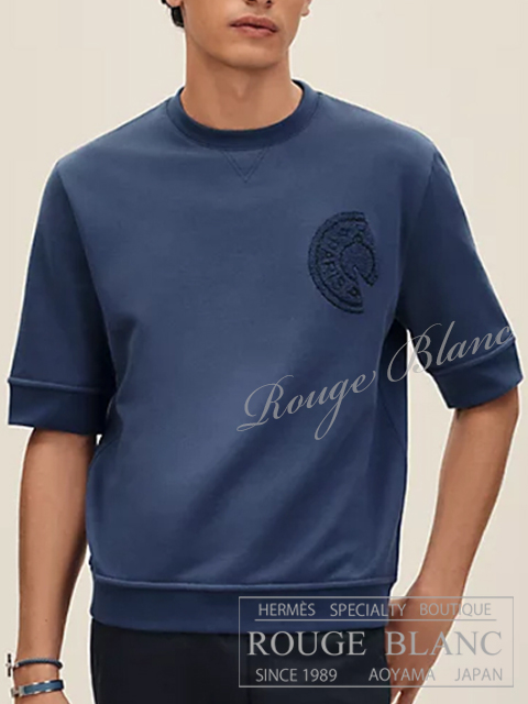 エルメス　2025 A/W　メンズ　Tシャツ　スウェット　パッチ　”クルー・ド・セル”　インディゴ　#L　タグ付　【新品】