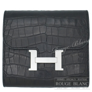 エルメス　コンスタンス　コンパクト　ウォレット　黒　ブラック　クロコダイル　アリゲーターマット　シルバー金具　【中古】 HERMES Constance compact wallet Black Crocodile Alligator Mat  Silver Buckle【USED】