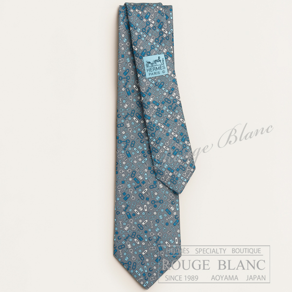 エルメス　ネクタイ　”ピエス・メ”　グレー×アズール×ブラン　シルク 【新品】HERMES Tie ” Pieces met” Gris×Azur×Blanc【NEW】