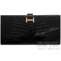 エルメス　ベアンスフレ　黒　ブラック　クロコダイル　アリゲーター リセ　ローズゴールド金具　【新品】 HERMES Bearn with Gusset Black Crocodile Alligator Lisse Rose gold Buckle 【NEW】