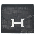 エルメス　コンスタンス　コンパクト　ウォレット　黒　ブラック　クロコダイル　アリゲーターマット　シルバー金具　【中古】 HERMES Constance compact wallet Black Crocodile Alligator Mat  Silver Buckle【USED】