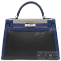 エルメス　ケリー32　ブルー×ブラック×エクリュ　スイフト×トワルベルリンヌ×トワルアッシュ　シルバー金具　外縫い　【中古】 HERMES Kelly32 Bleu×Black×Ecru Swift×Toile berlin×Toile H Silver buckle 【USED】