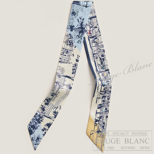 エルメス　ツイリースカーフ　"ブールヴァールの陰から"　クレーム×ブルー×イエロー　【新品】 HERMES Twilly Scarf  "A l'Ombre des Boulevards" Creme×Bleu×Jaune 【NEW】