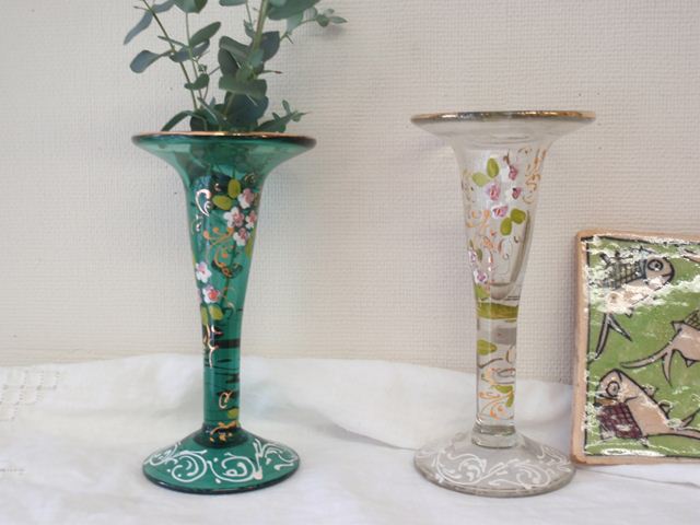 ペルシアン・グラスのキャンドルホルダー　花柄　（透明・緑）　ZA071