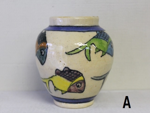 魚模様の手作り陶器花瓶 おさかな模様 陶器の花瓶 ZA441