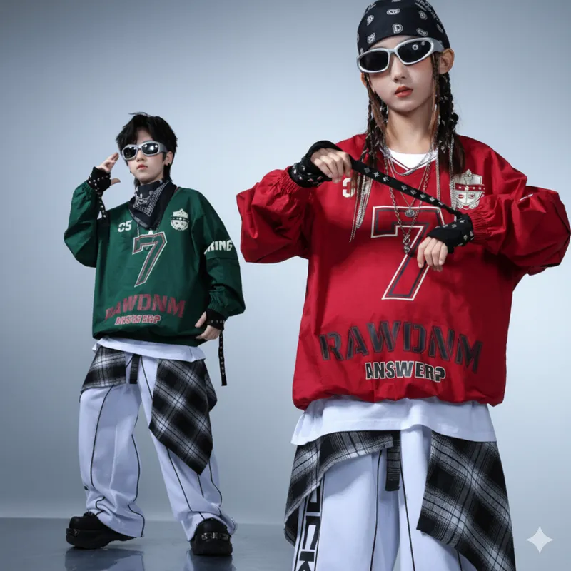 ダンス衣装 キッズ グリーン レッド パンツ セットアップ [商品番号: 2545]