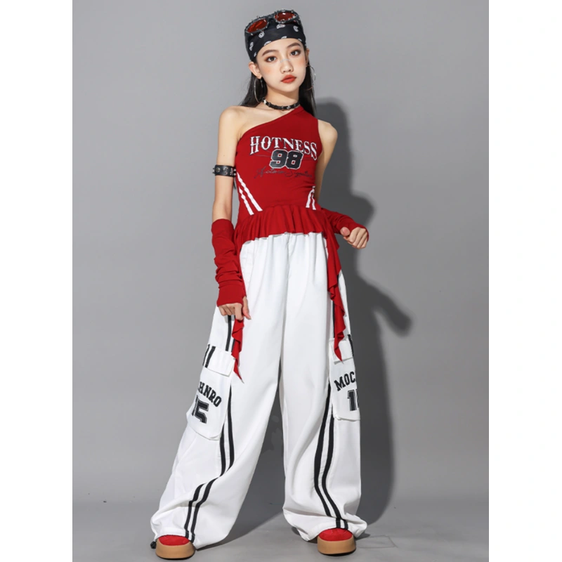 洋服タンス ホワイト×レッド 120 ガールズ kpop レッド ホワイトパンツ キッズダンス衣装 |【公式