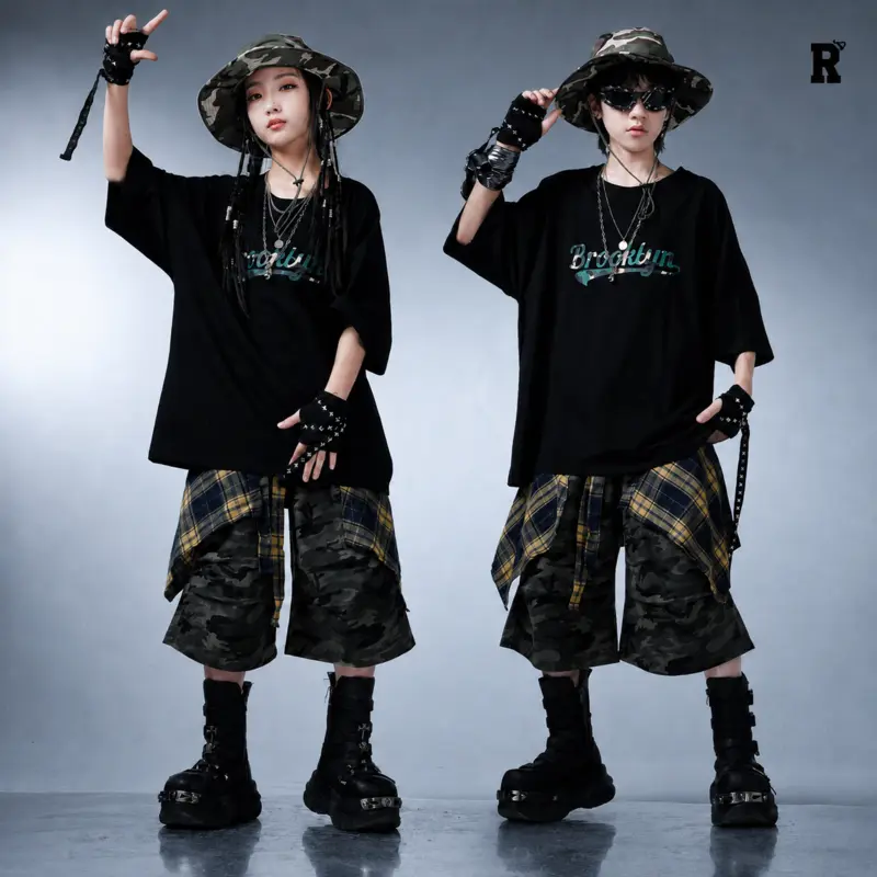 キッズダンス衣装 迷彩ハーフパンツ＆オーバーサイズTシャツ  [商品番号: 2713]