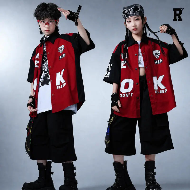 キッズダンス赤黒オーバーシャツ＆ハーフパンツ  [商品番号: 2717]