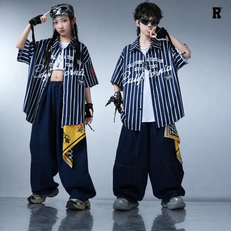 キッズダンス衣装 ストライプシャツ デニムパンツ [商品番号: 2720]