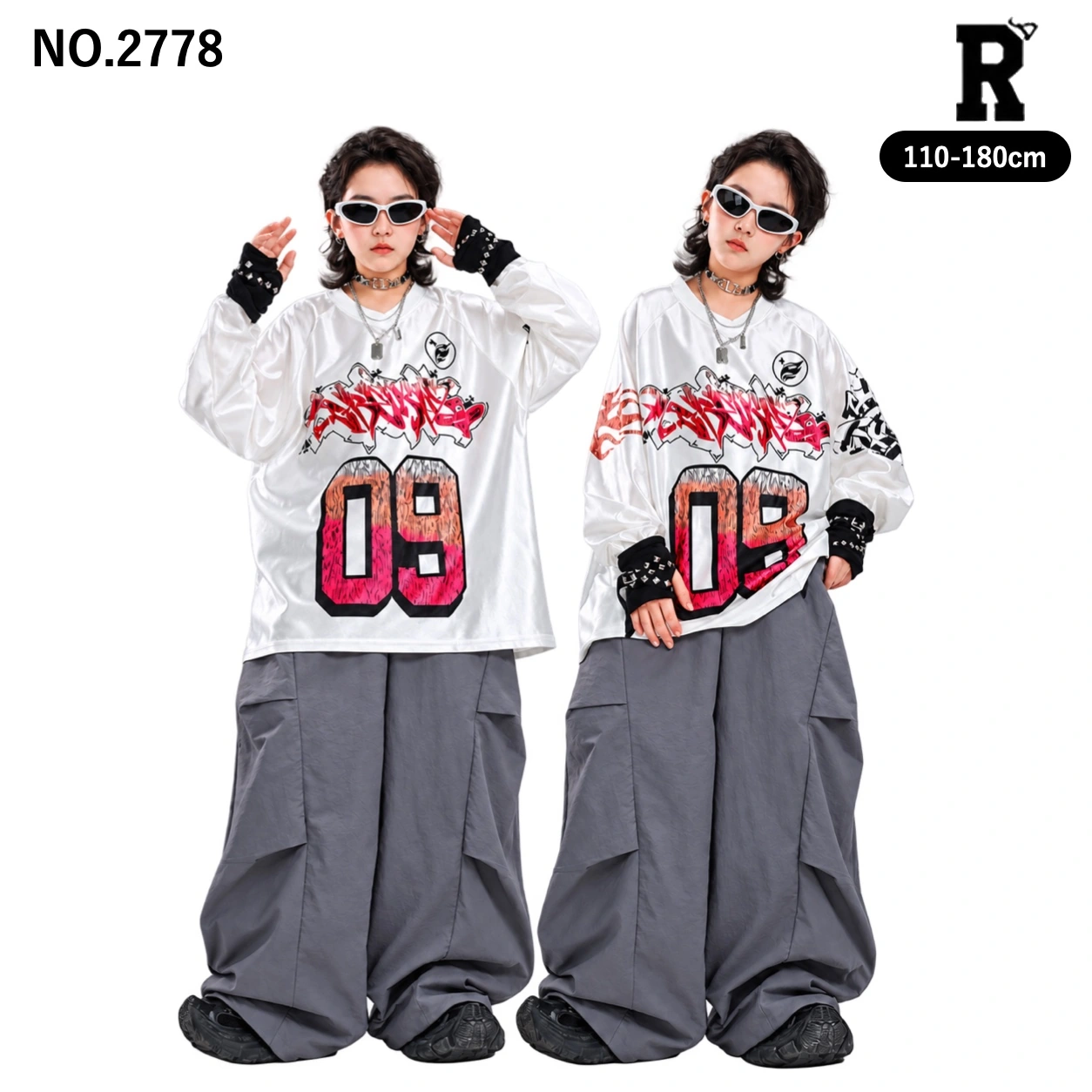 キッズ ダンス衣装 グラフィティロゴポロトップス・グレーカーゴパンツ【商品番号：2778】