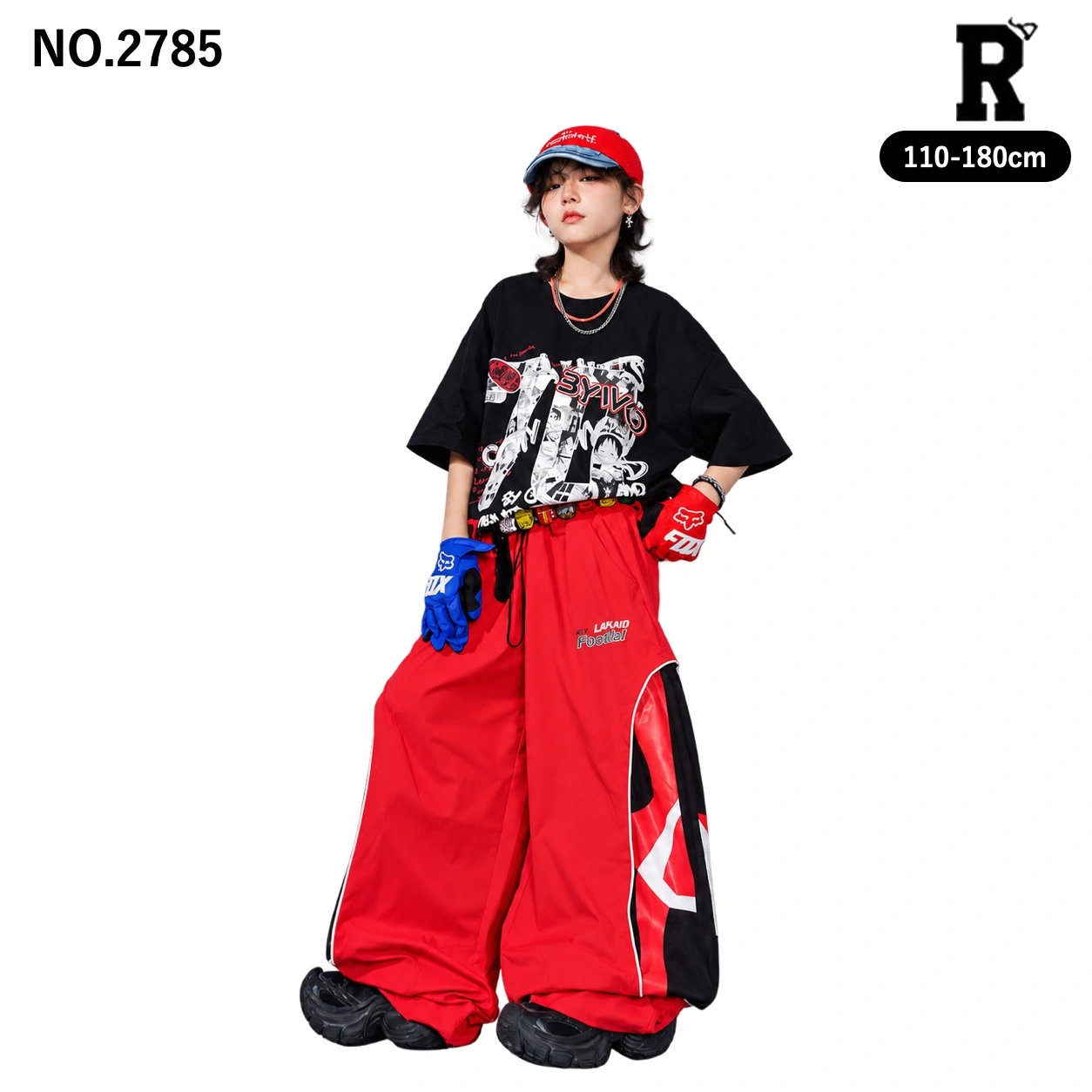 キッズ ダンス衣装 グラフィック半袖Tシャツ・配色レッドワイドパンツ【商品番号：2785】