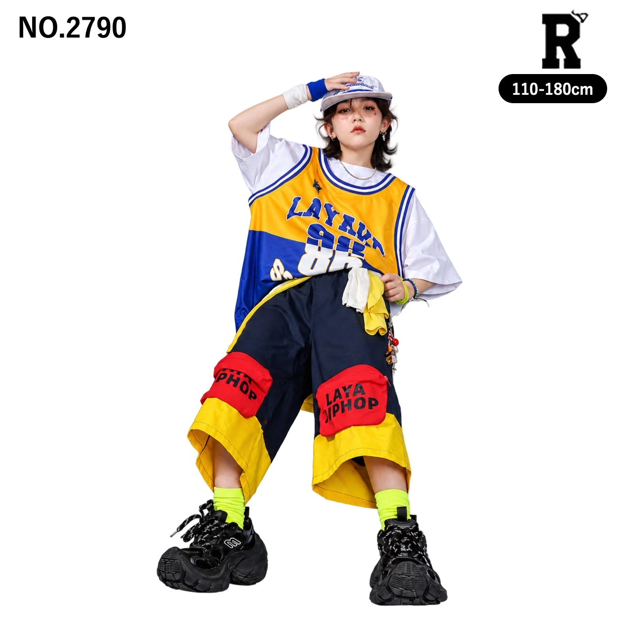 キッズ ダンス衣装 レイヤード風ナンバーTシャツ・配色ハーフパンツ【商品番号：2790】