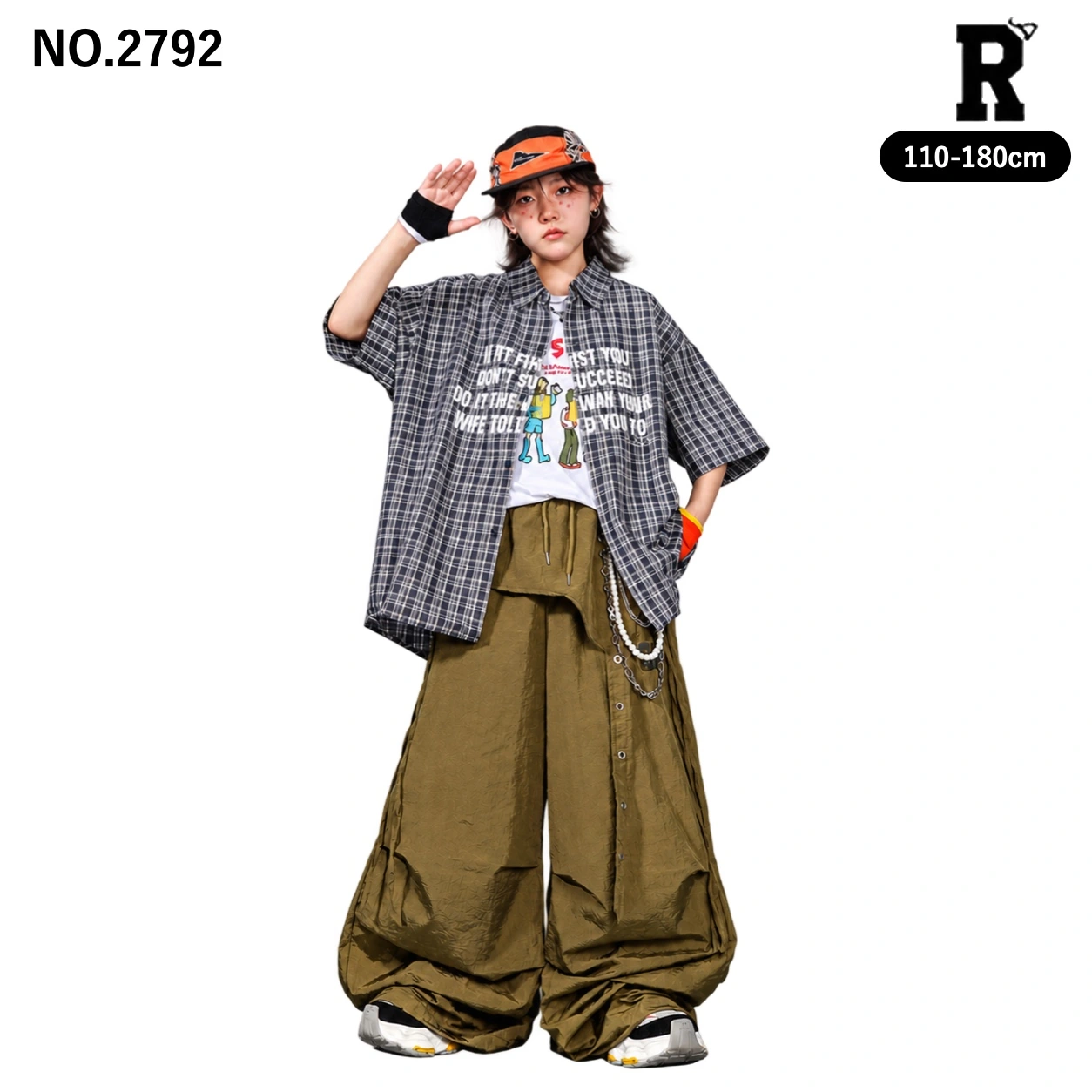 キッズ ダンス衣装 英字プリントチェックシャツ・カーゴワイドパンツ【商品番号：2792】